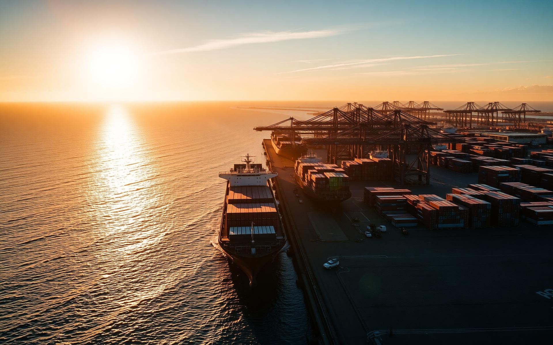 Global shipping port at golden hour
